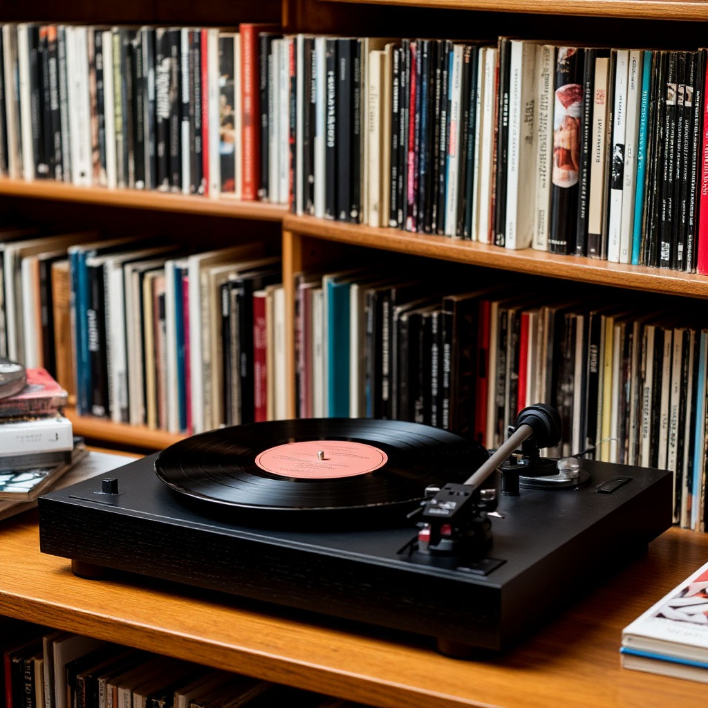 Vinyl record collection and turntable